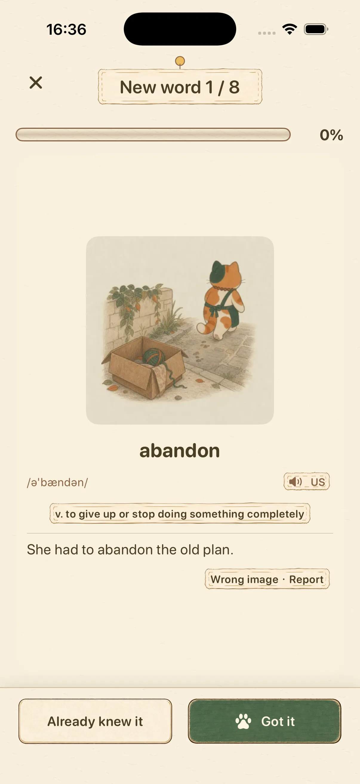 Mocavoca learning screen with a word, pronunciation, definition, example, and image