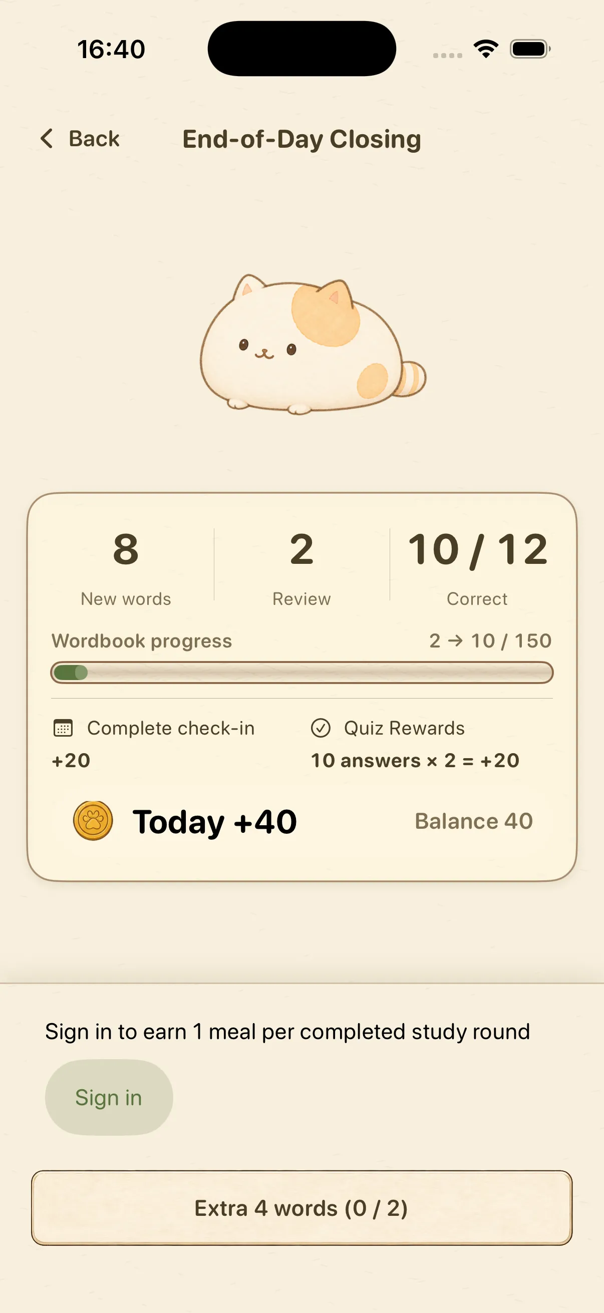 Mocavoca daily results screen with new words, accuracy, wordbook progress, and coins