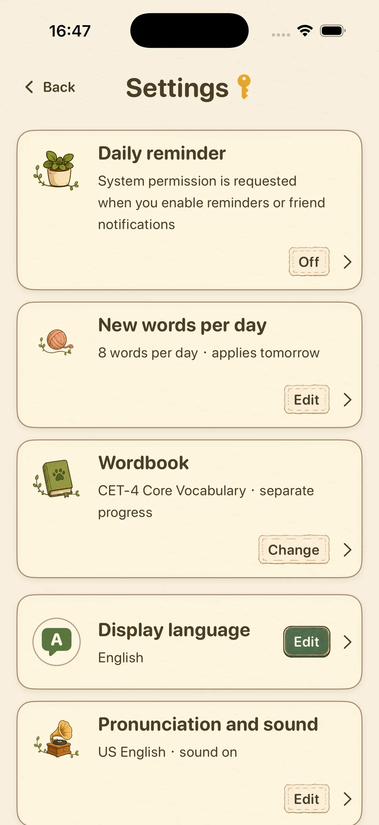 Mocavoca settings screen with daily reminders, learning pace, current wordbook, pronunciation, and display language