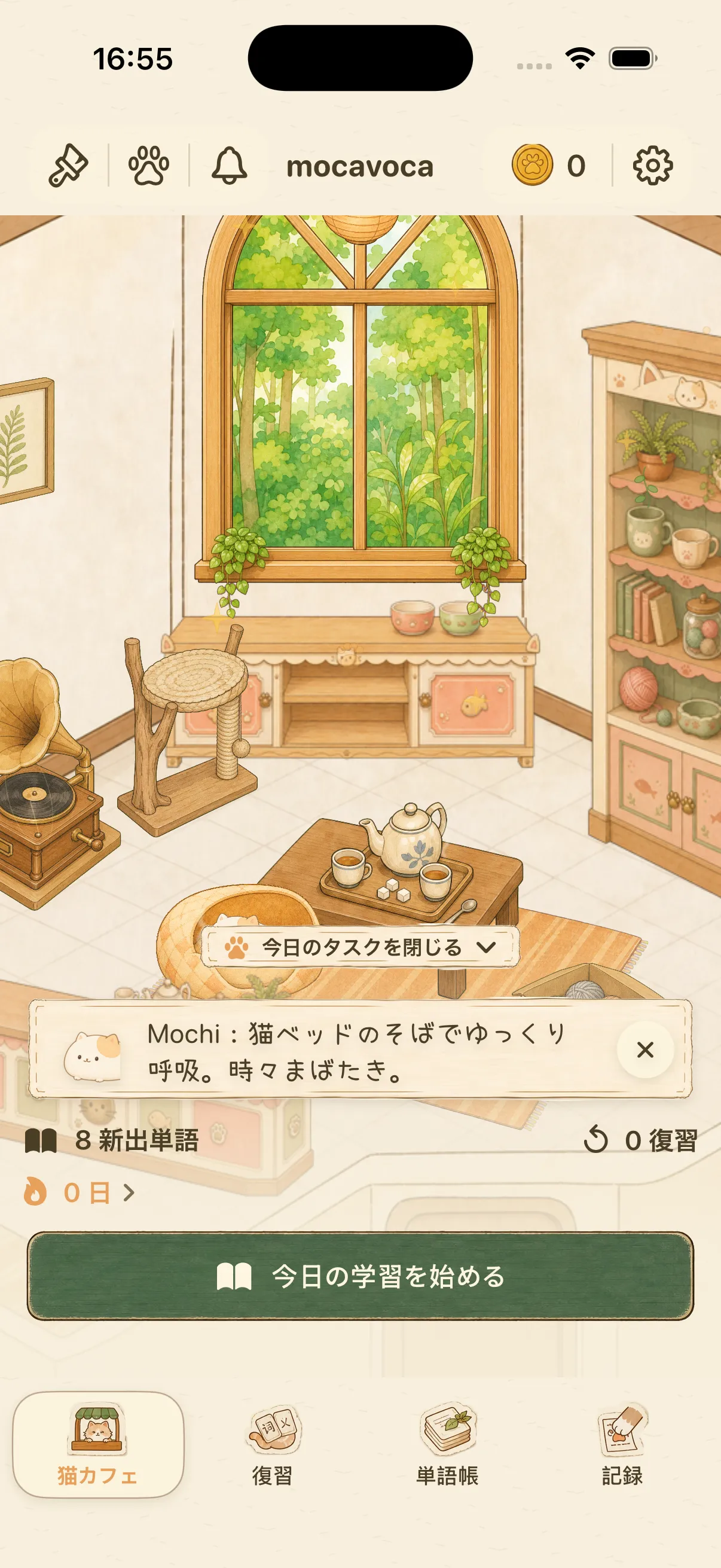 今日の新出単語、復習、学習開始ボタンを表示する単語猫の猫カフェホーム画面